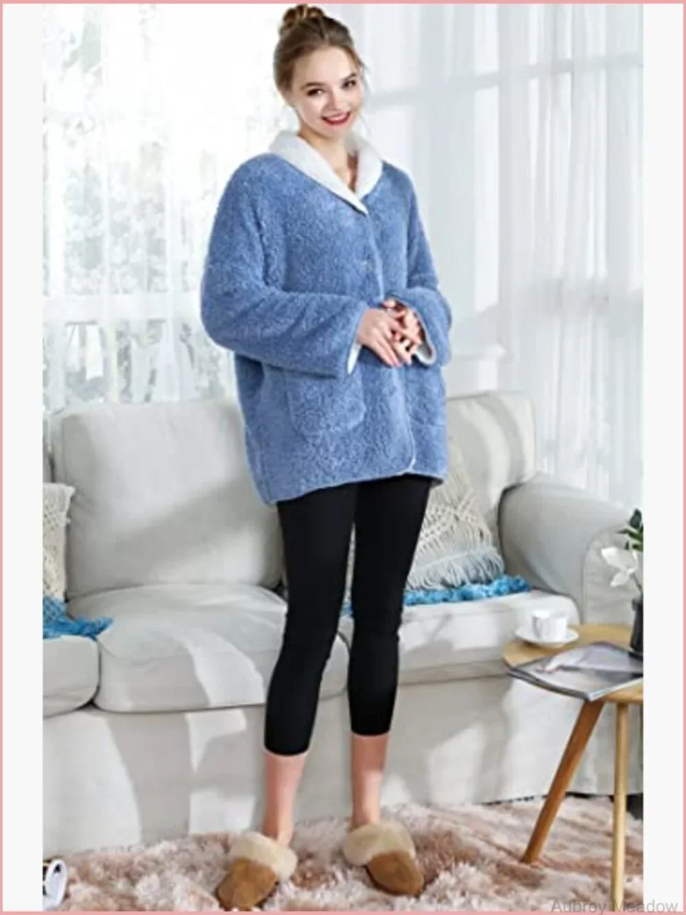 Plush Reversible Sherpa Button Front Bed Jacket Long Sleeve Shawl Collar